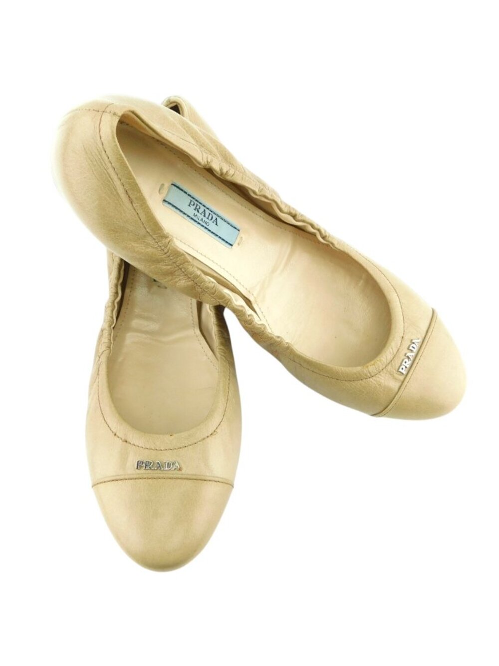 PRADA Logo Cap Toe Nude Beige Leather Ballet Flats Shoes 38